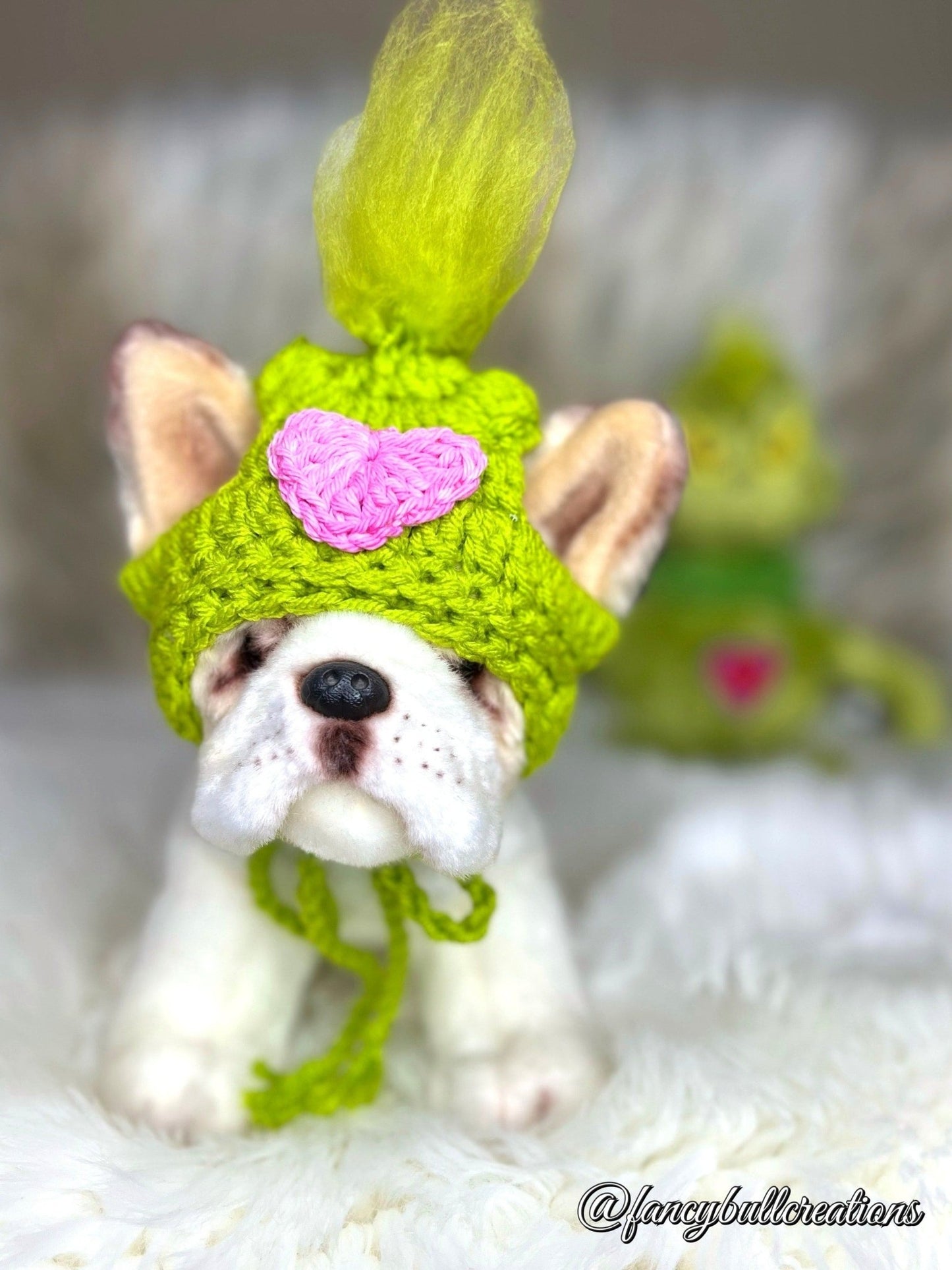 Grinchie Green Pink Heart Puppy Dog Beanie - FancyBull Creations