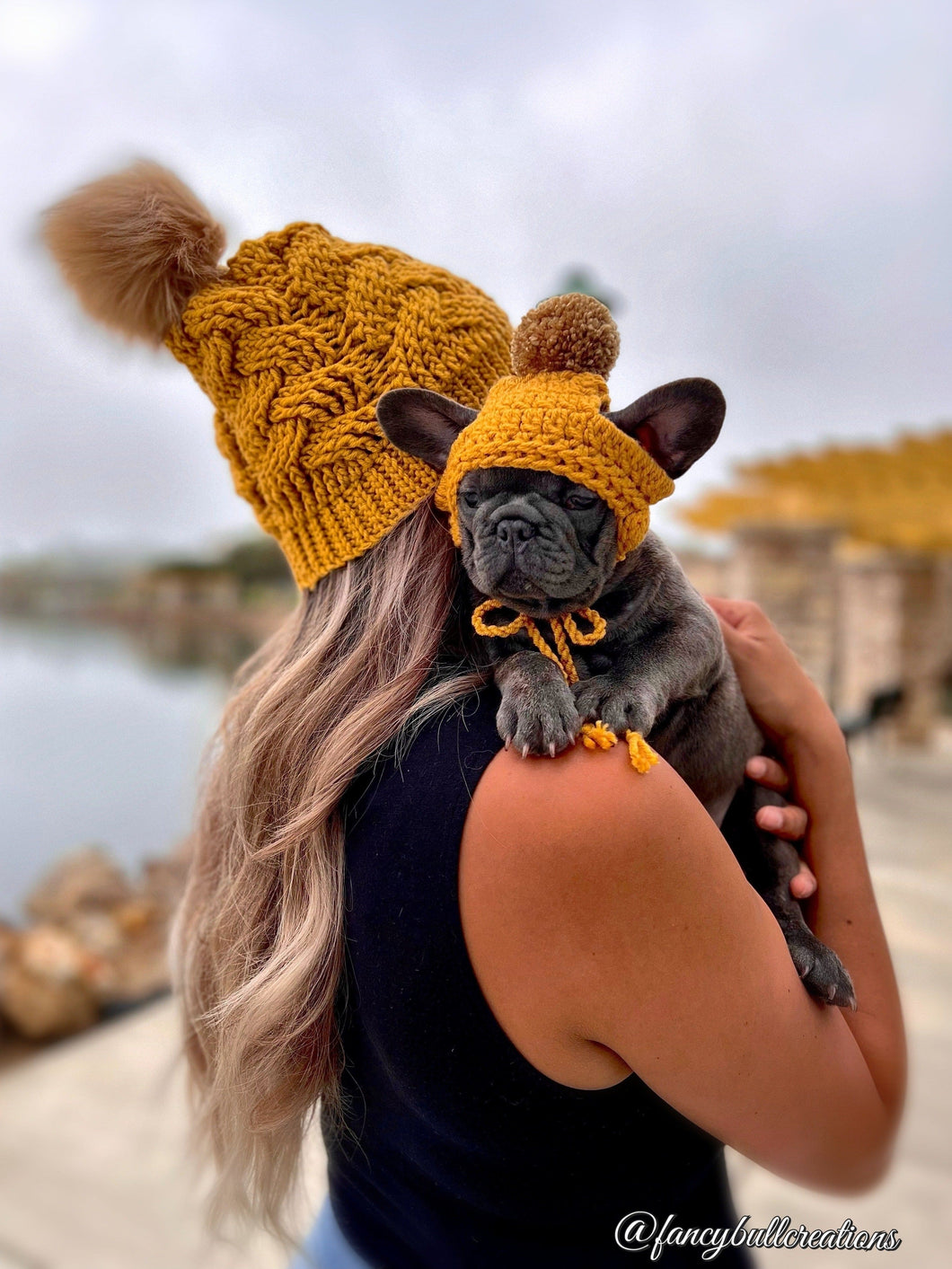 Mustard Yellow Mommy and Matching Puppy Beanie Hat Set