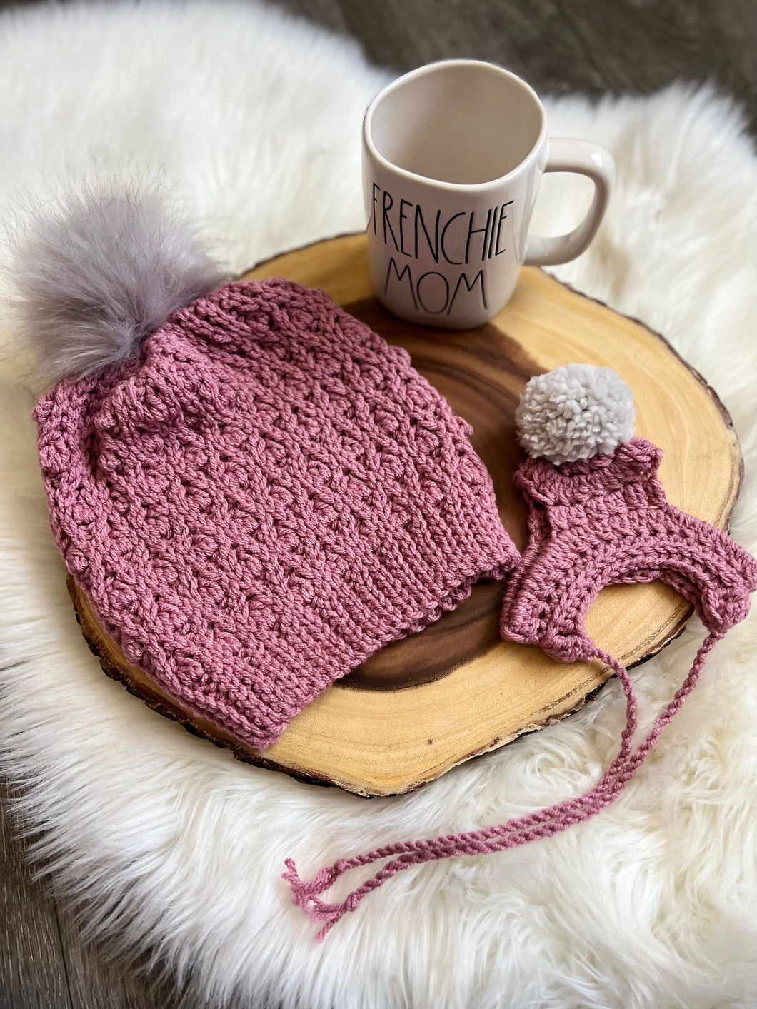 Handmade crochet Furbaby & Mom beanie hat set