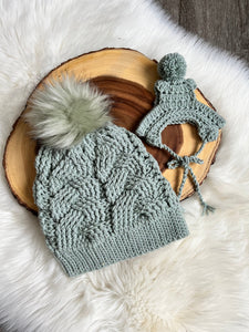 Sage Mommy and Matching Puppy Beanie Hat Set