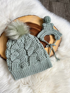Sage Mommy and Matching Puppy Beanie Hat Set