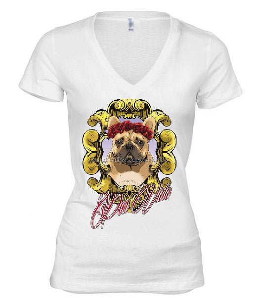 French Bulldog Graphic V - Neck Tee "Por Vida" - FancyBull Creations