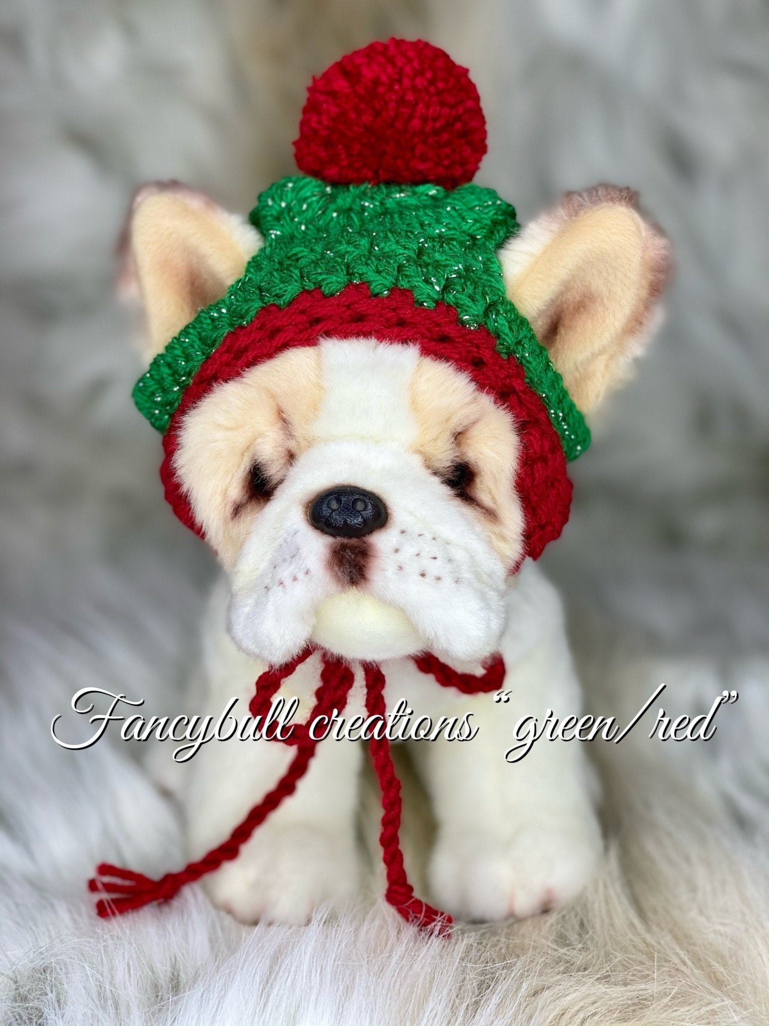 French Bulldog pup pom pom Holiday beanie hat - FancyBull Creations