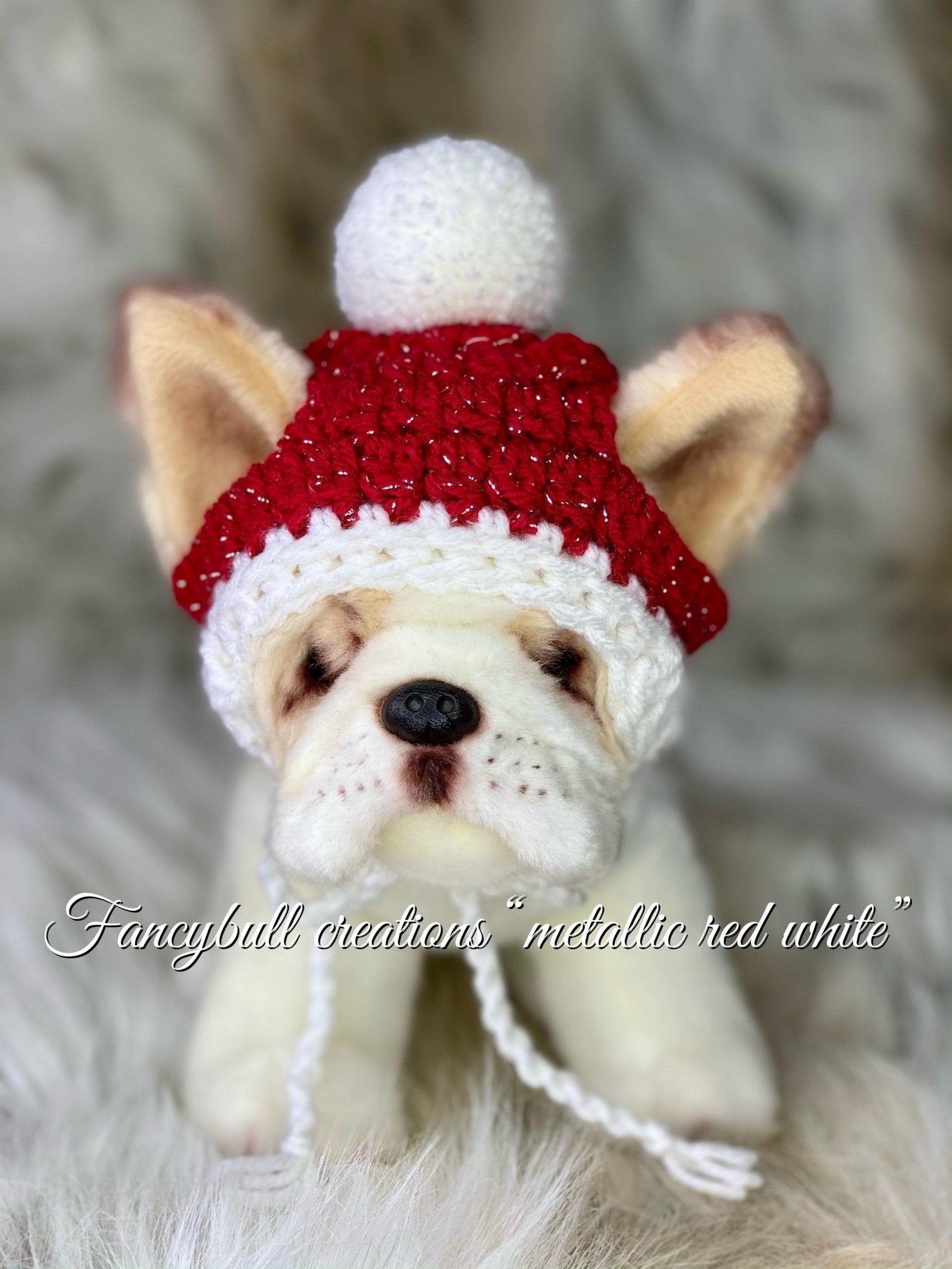 French Bulldog pup pom pom Holiday beanie hat - FancyBull Creations