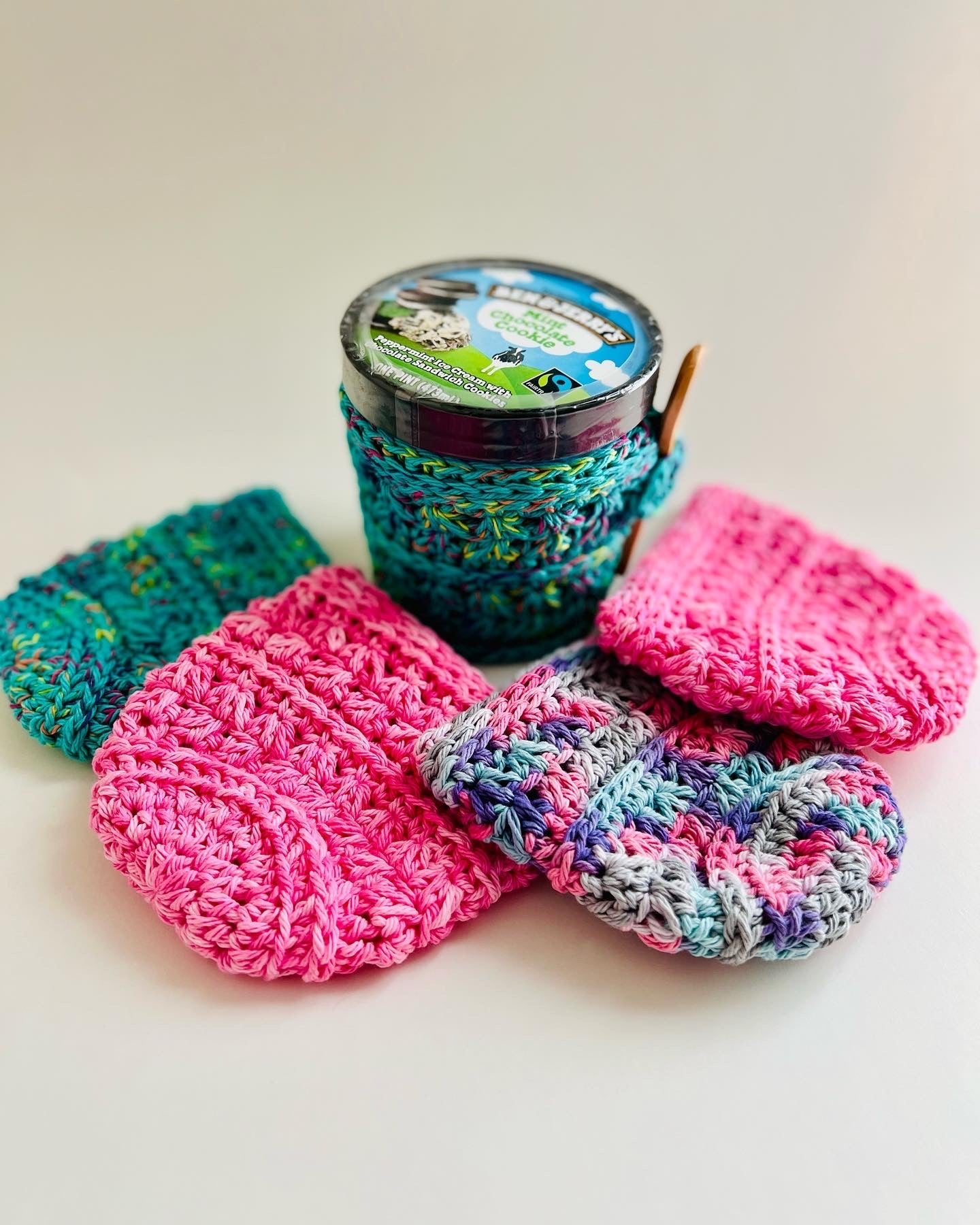 Ice Cream Coozie handmade crochet pint size cozy : sleeve cozie Ben & Jerry's Haagen Dazs - FancyBull Creations