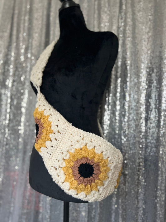 Ivory Sunflower Boho crossbody fanny - pack style handmade crochet purse: cell phone holder sling bag Bum Bag - FancyBull Creations