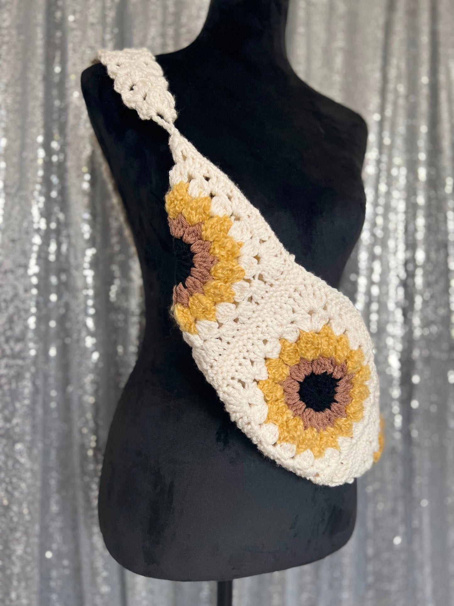 Ivory Sunflower Boho crossbody fanny - pack style handmade crochet purse: cell phone holder sling bag Bum Bag - FancyBull Creations