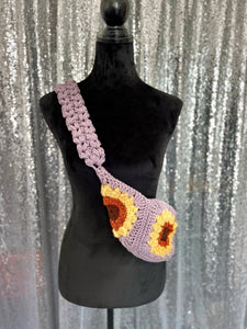 Lavender Sunflower Boho crossbody fanny - pack style handmade crochet purse: cell phone holder sling bag Bum Bag - FancyBull Creations