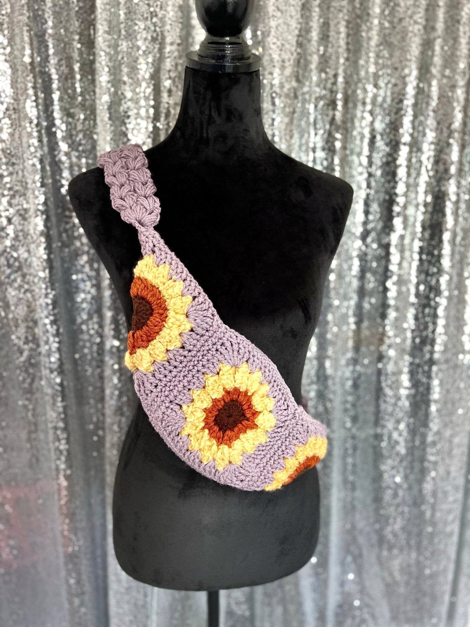 Lavender Sunflower Boho crossbody fanny - pack style handmade crochet purse: cell phone holder sling bag Bum Bag - FancyBull Creations