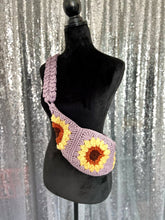 Load image into Gallery viewer, Lavender Sunflower Boho crossbody fanny - pack style handmade crochet purse: cell phone holder sling bag Bum Bag - FancyBull Creations