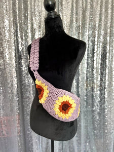 Lavender Sunflower Boho crossbody fanny - pack style handmade crochet purse: cell phone holder sling bag Bum Bag - FancyBull Creations