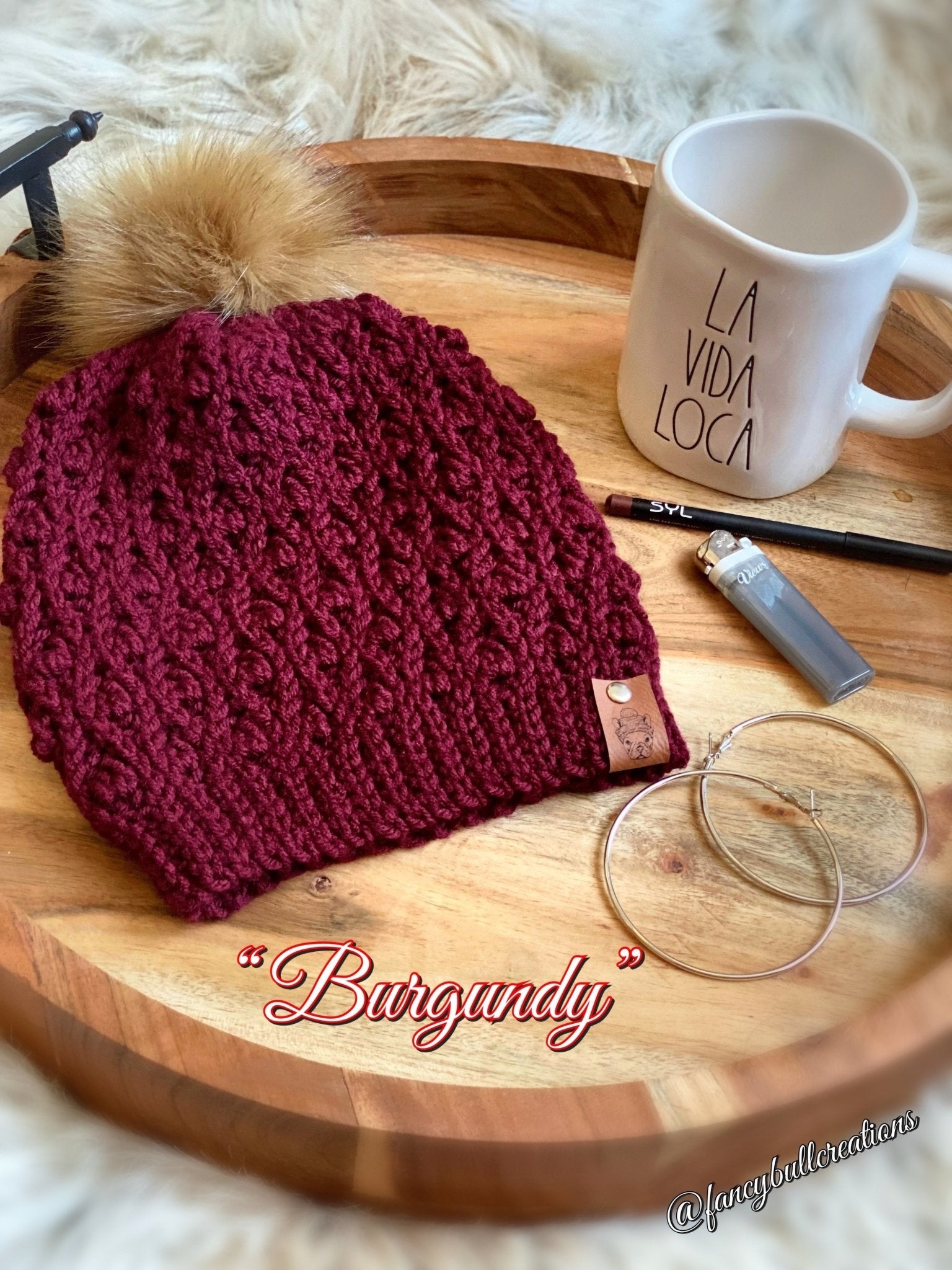 Mi vida loca burgundy pompom beanie hat gorro toque - FancyBull Creations