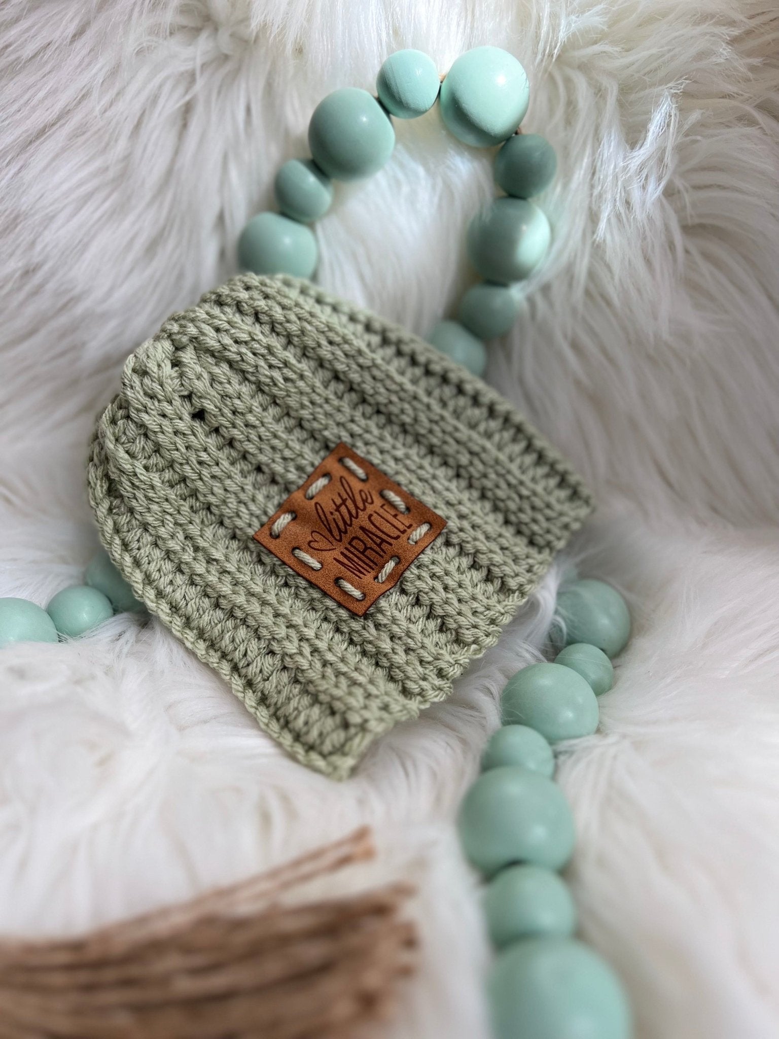 Moss Green Infant patch "Little Miracle" beanie 0 - 3 mo - FancyBull Creations