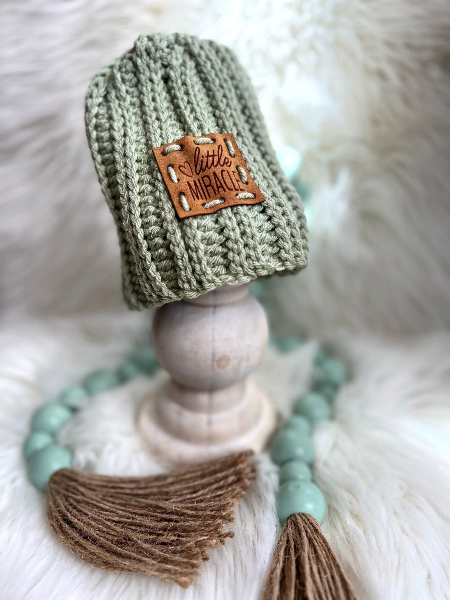 Moss Green Infant patch "Little Miracle" beanie 0 - 3 mo - FancyBull Creations