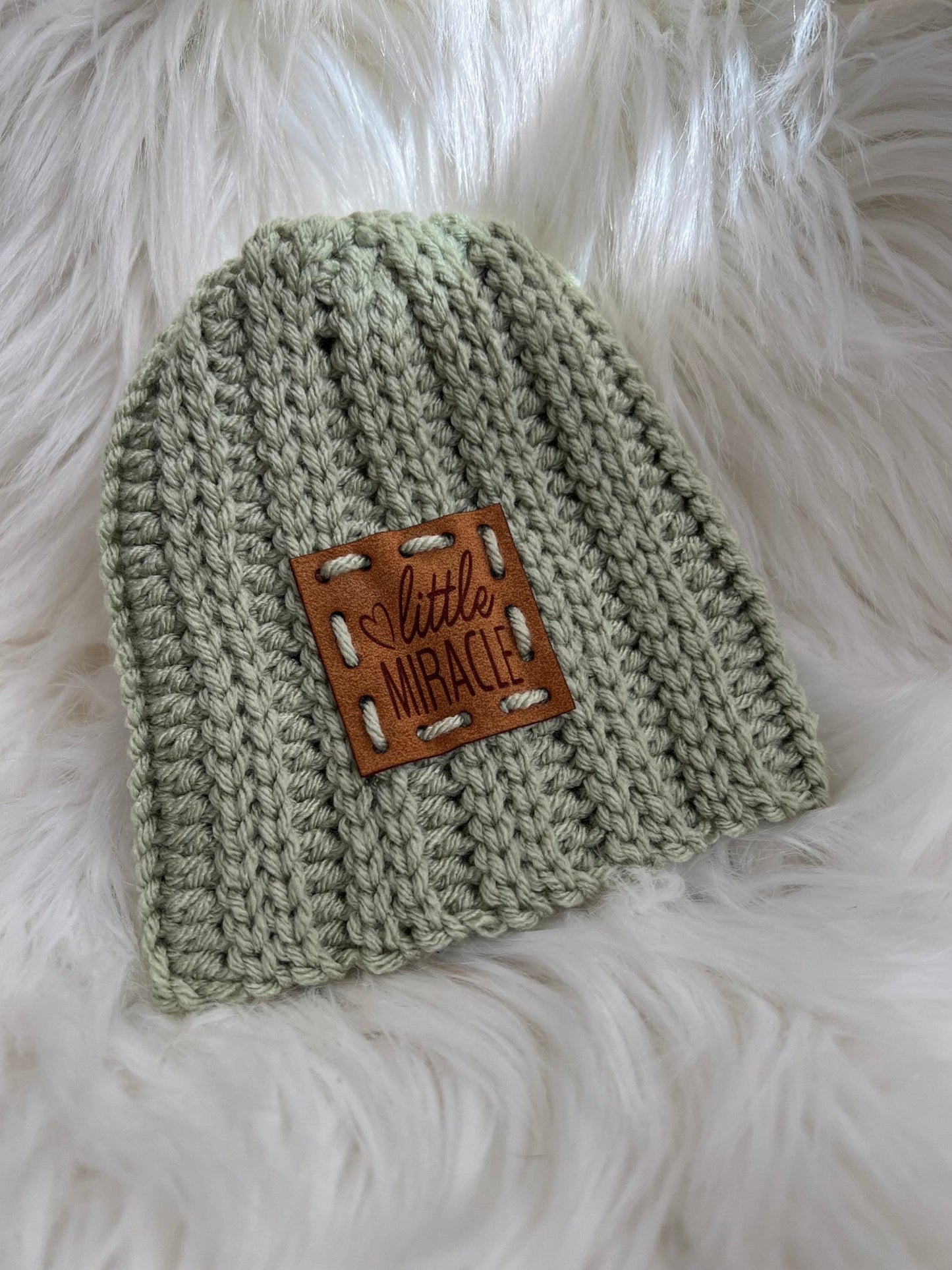 Moss Green Infant patch "Little Miracle" beanie 0 - 3 mo - FancyBull Creations