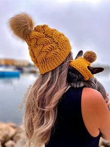 Mustard Yellow Mommy and Matching Puppy Beanie Hat Set - FancyBull Creations