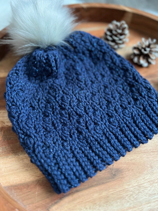 Navy Blue Handmade Crochet Slouchy Winter Beanie Toque Hat - FancyBull Creations