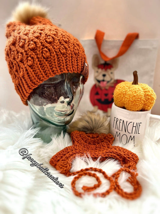 Pumpkin spice Frenchie Mama matching beanie set Rae Dunn Mug - FancyBull Creations