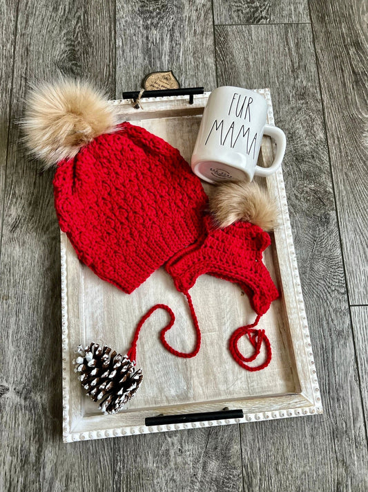 Red Fur Mama with Matching Pet puppy Dog Beanie Hat Set - FancyBull Creations