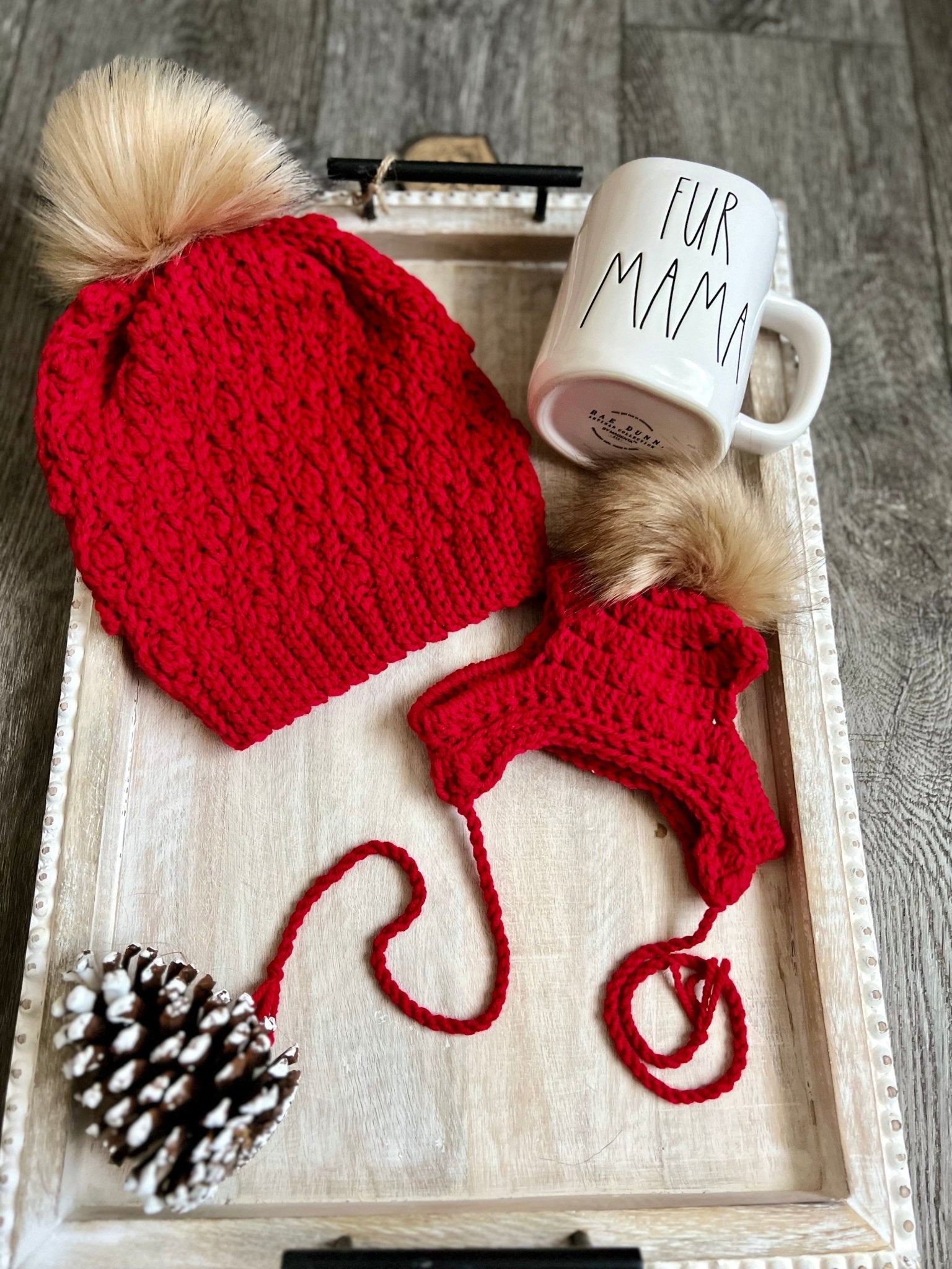 Red Fur Mama with Matching Pet puppy Dog Beanie Hat Set Red