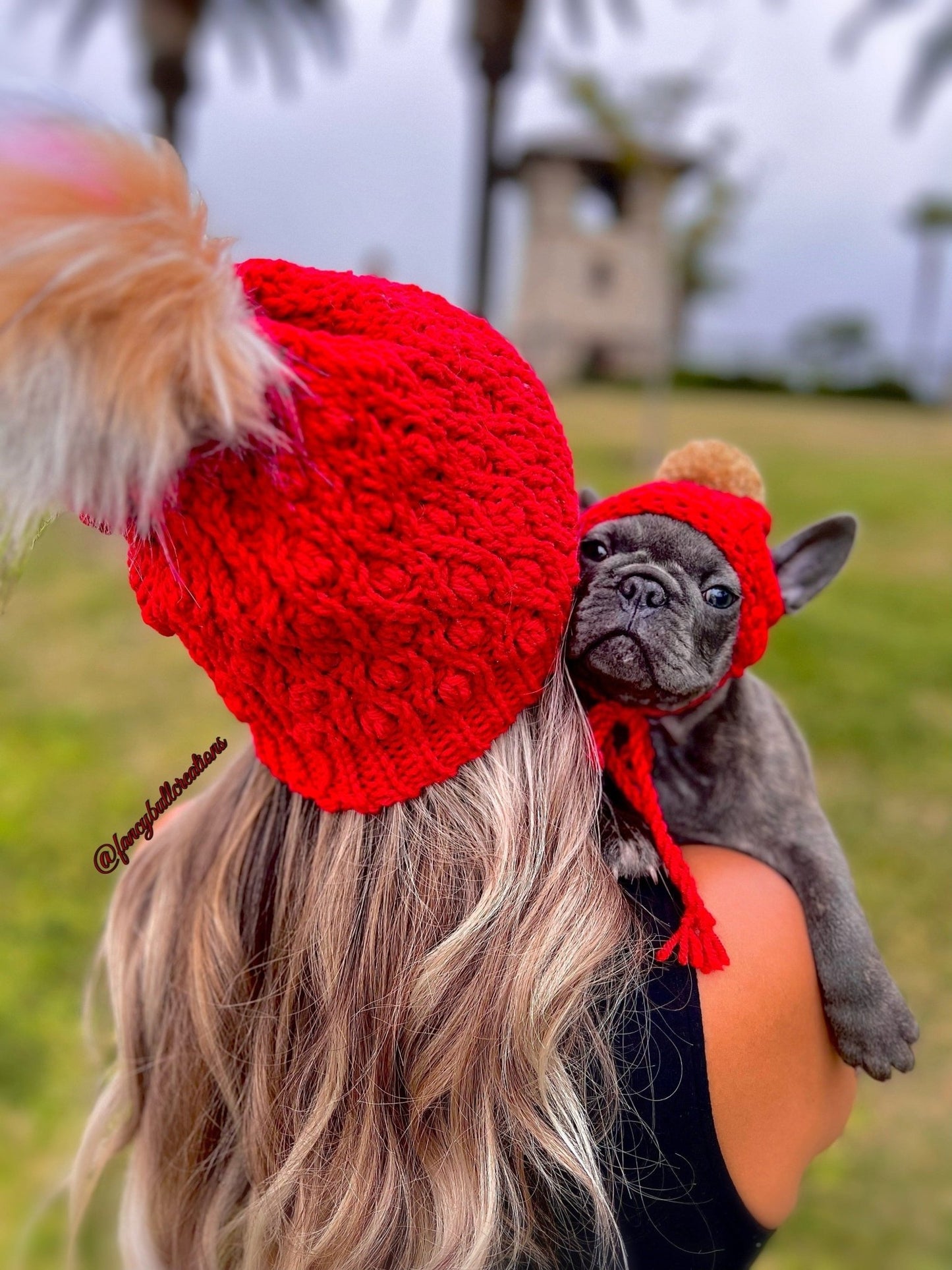 Red Mommy and Matching Puppy Beanie Hat Set - FancyBull Creations