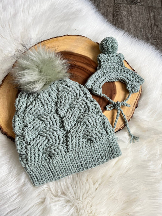 Sage Mommy and Matching Puppy Beanie Hat Set - FancyBull Creations