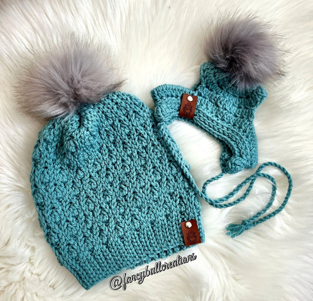 Sea Foam Blue Mommy and Matching Dog Beanie Hat Set - FancyBull Creations