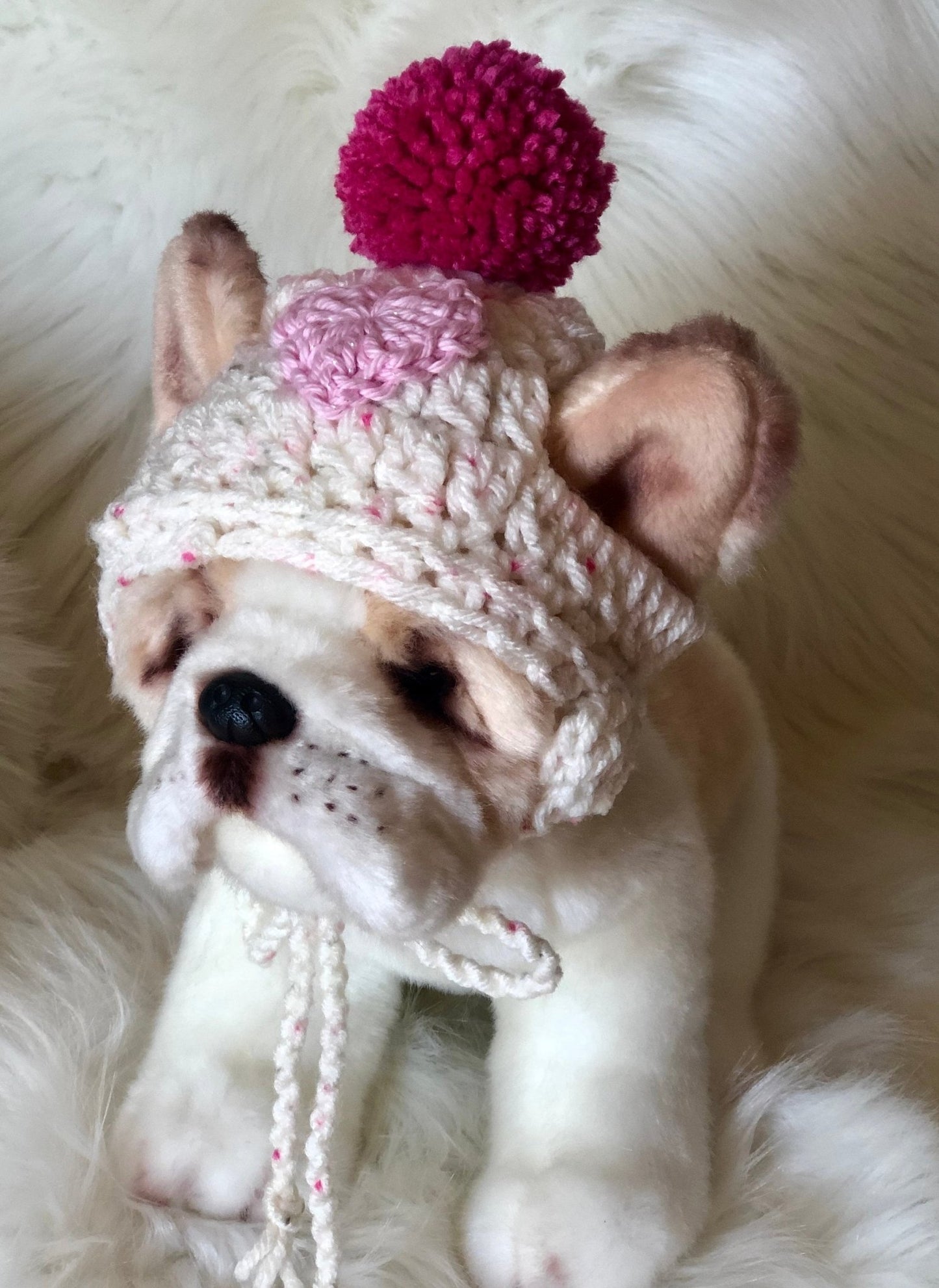 Valentines day heart pompom puppy beanie - FancyBull Creations