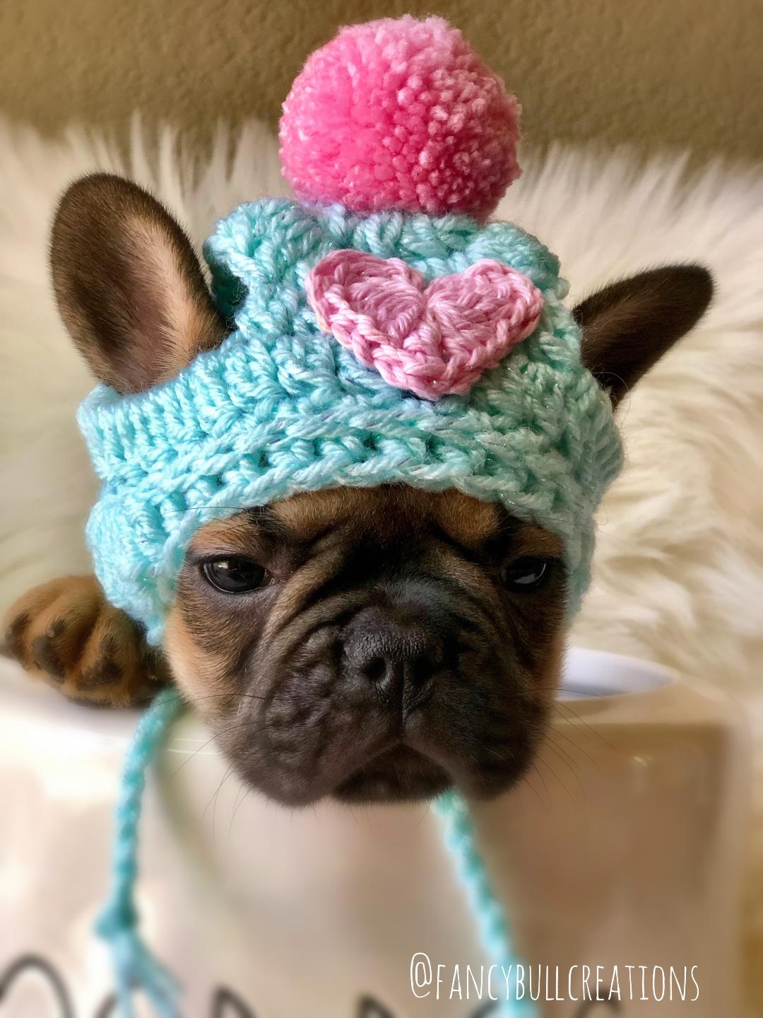 Valentines day heart pompom puppy beanie - FancyBull Creations