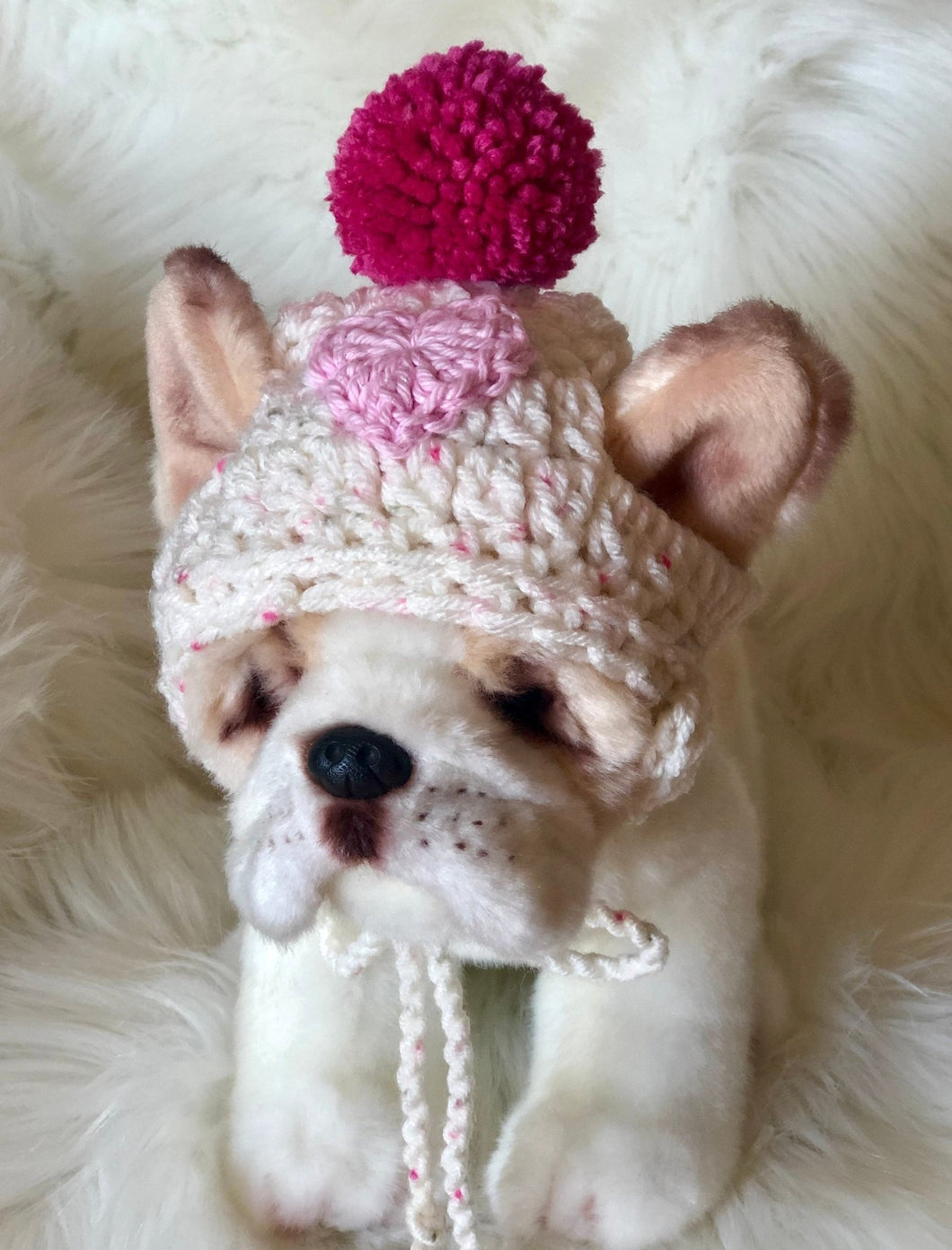 Valentines day heart pompom puppy beanie - FancyBull Creations