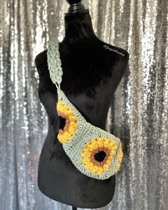 Sage Sunflower Boho crossbody fanny-pack style handmade crochet purse: cell phone holder sling bag Bum Bag FANCYBULL CREATIONS