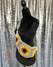 Load image into Gallery viewer, Sage Sunflower Boho crossbody fanny-pack style handmade crochet purse: cell phone holder sling bag Bum Bag FANCYBULL CREATIONS