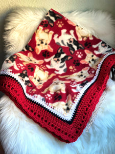 red french bulldog crochet edge fleece blanket