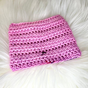 light pink crochet puppy snood