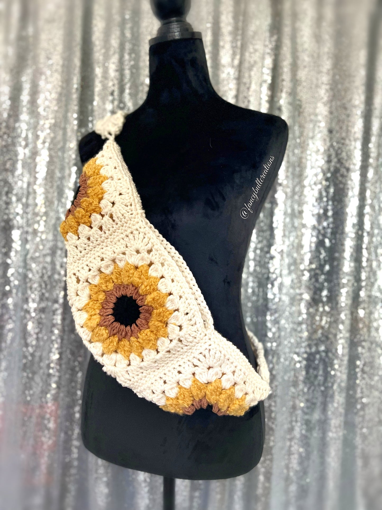 Ivory Sunflower Boho crossbody fanny-pack style handmade crochet purse: cell phone holder sling bag Bum Bag FANCYBULL CREATIONS