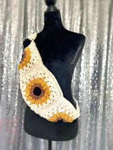 Load image into Gallery viewer, Ivory Sunflower Boho crossbody fanny-pack style handmade crochet purse: cell phone holder sling bag Bum Bag FANCYBULL CREATIONS