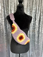 Load image into Gallery viewer, Lavender Sunflower Boho crossbody fanny-pack style handmade crochet purse: cell phone holder sling bag Bum Bag FANCYBULL CREATIONS