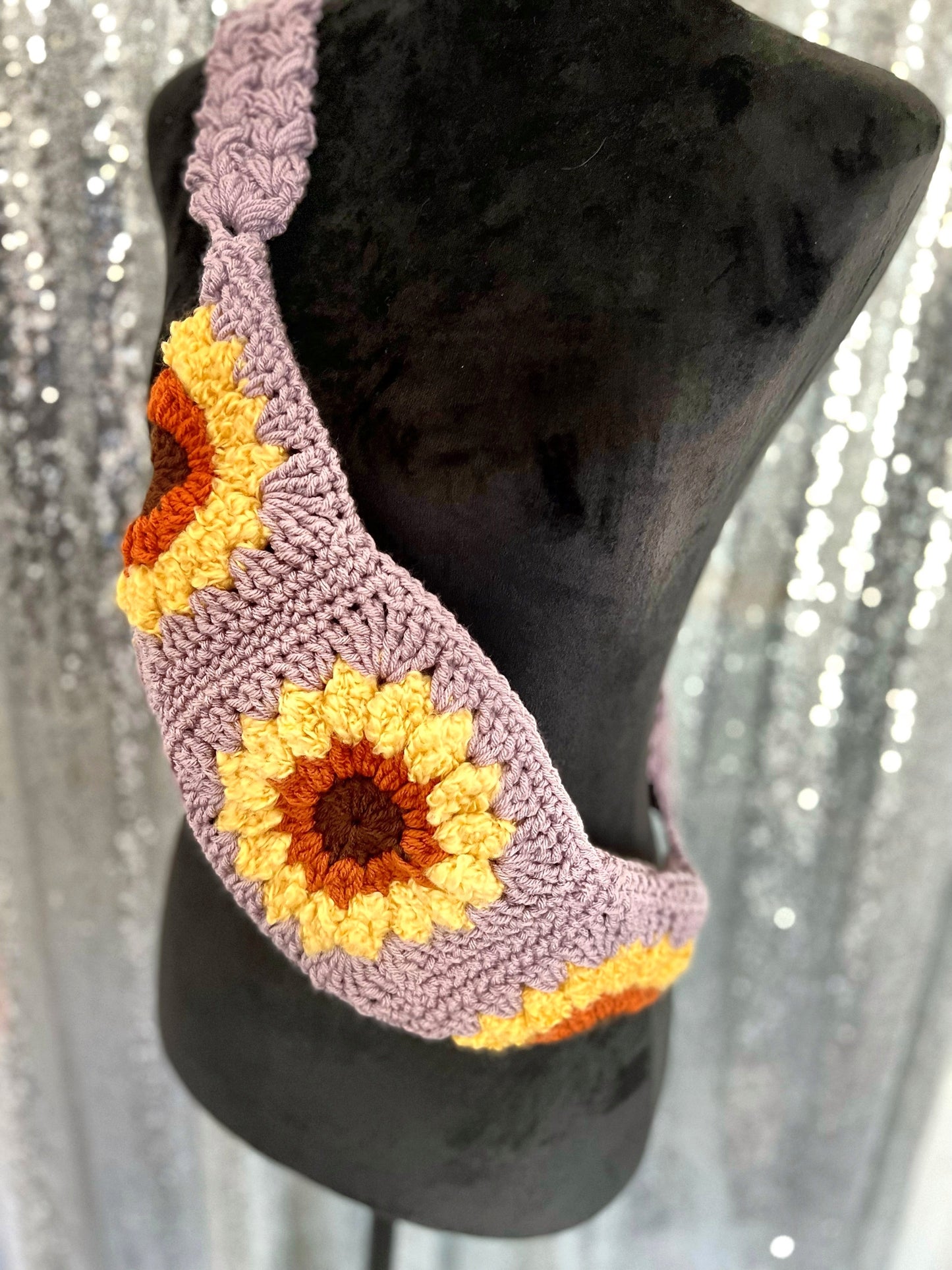 Lavender Sunflower Boho crossbody fanny-pack style handmade crochet purse: cell phone holder sling bag Bum Bag FANCYBULL CREATIONS